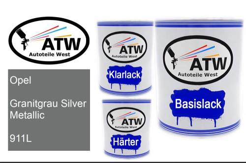 Opel, Granitgrau Silver Metallic, 911L: 1L Lackdose + 1L Klarlack + 500ml Härter - Set, von ATW Autoteile West.